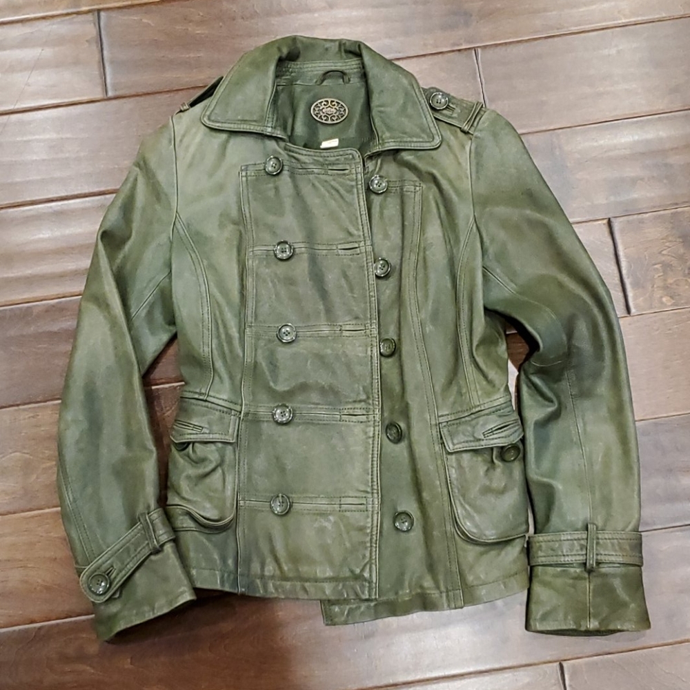 Anthropologie Idra green leather jacket